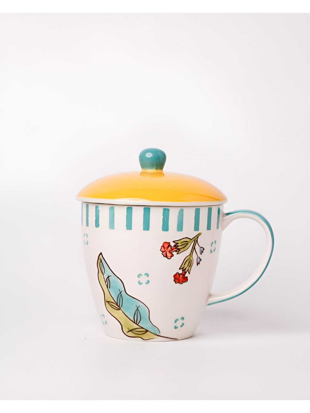 The Wishing Chair White & Yellow Floral Printed Ceramic Matte Mugs With Lids 385ml
