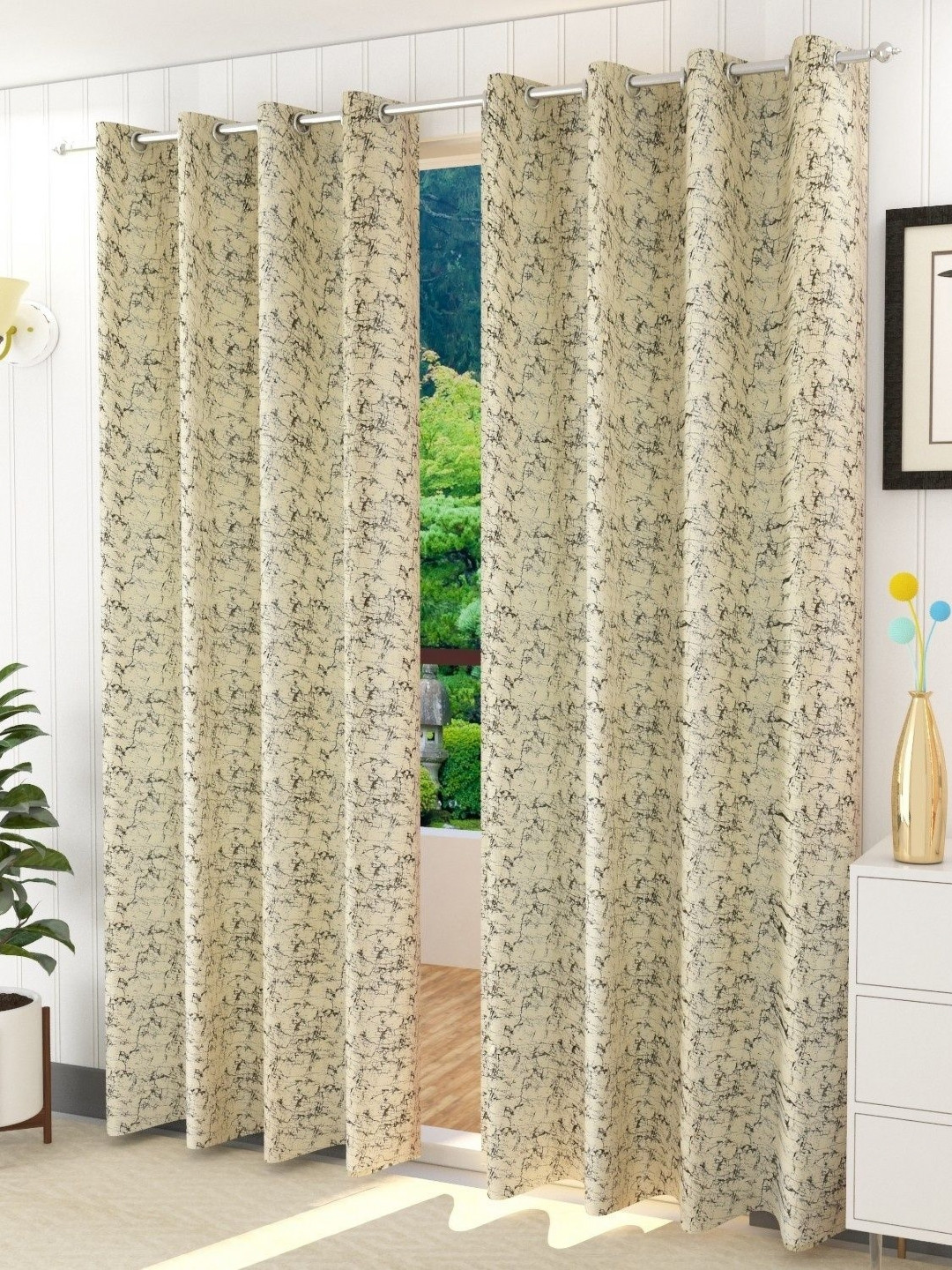 Kiara Creations Cream & Black 2 Pieces Room Darkening Abstract Velvet Door Curtains