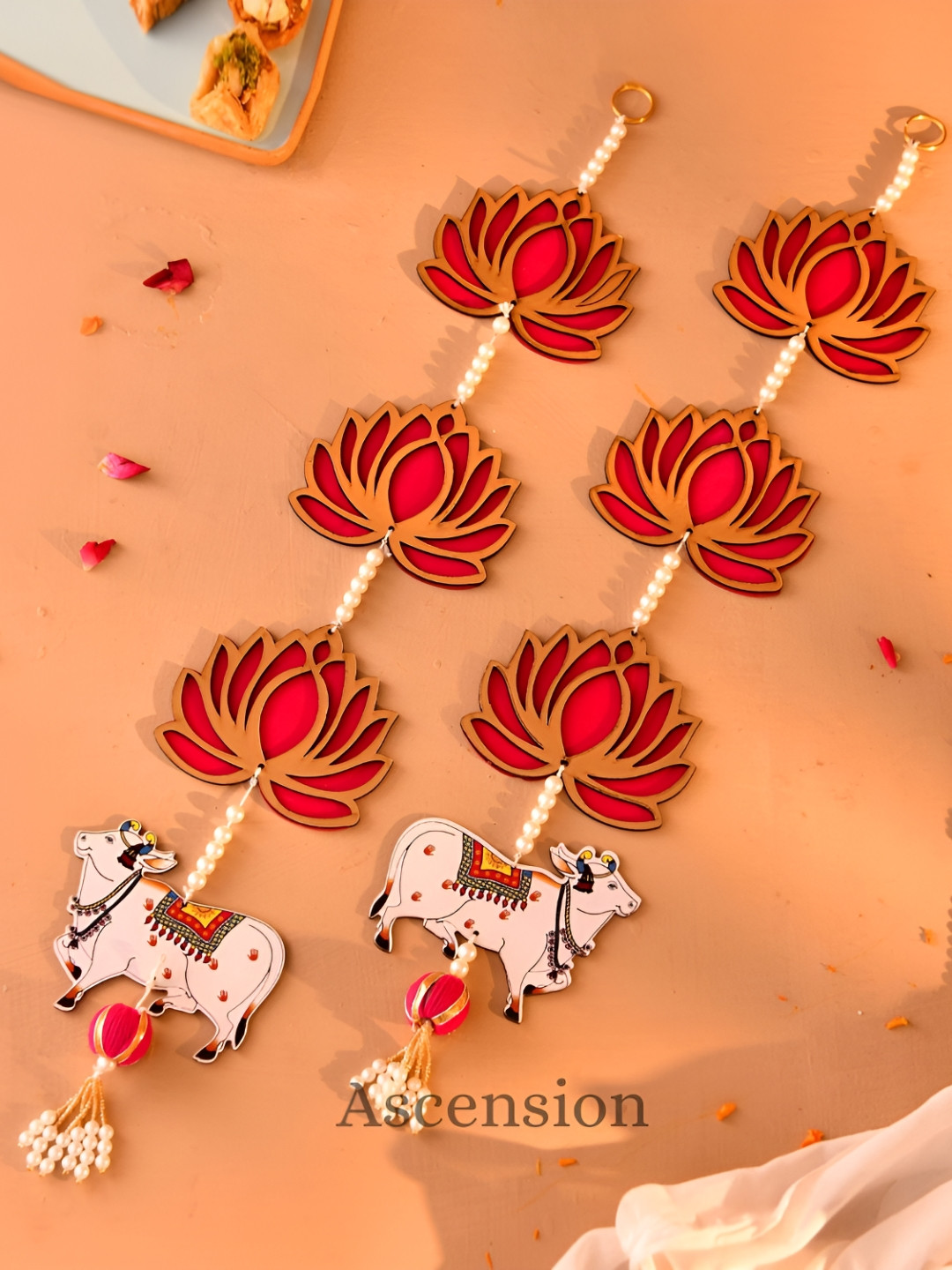 Ascension Red & White 2 Pieces Lotus Cow Jhumki Door Hangings