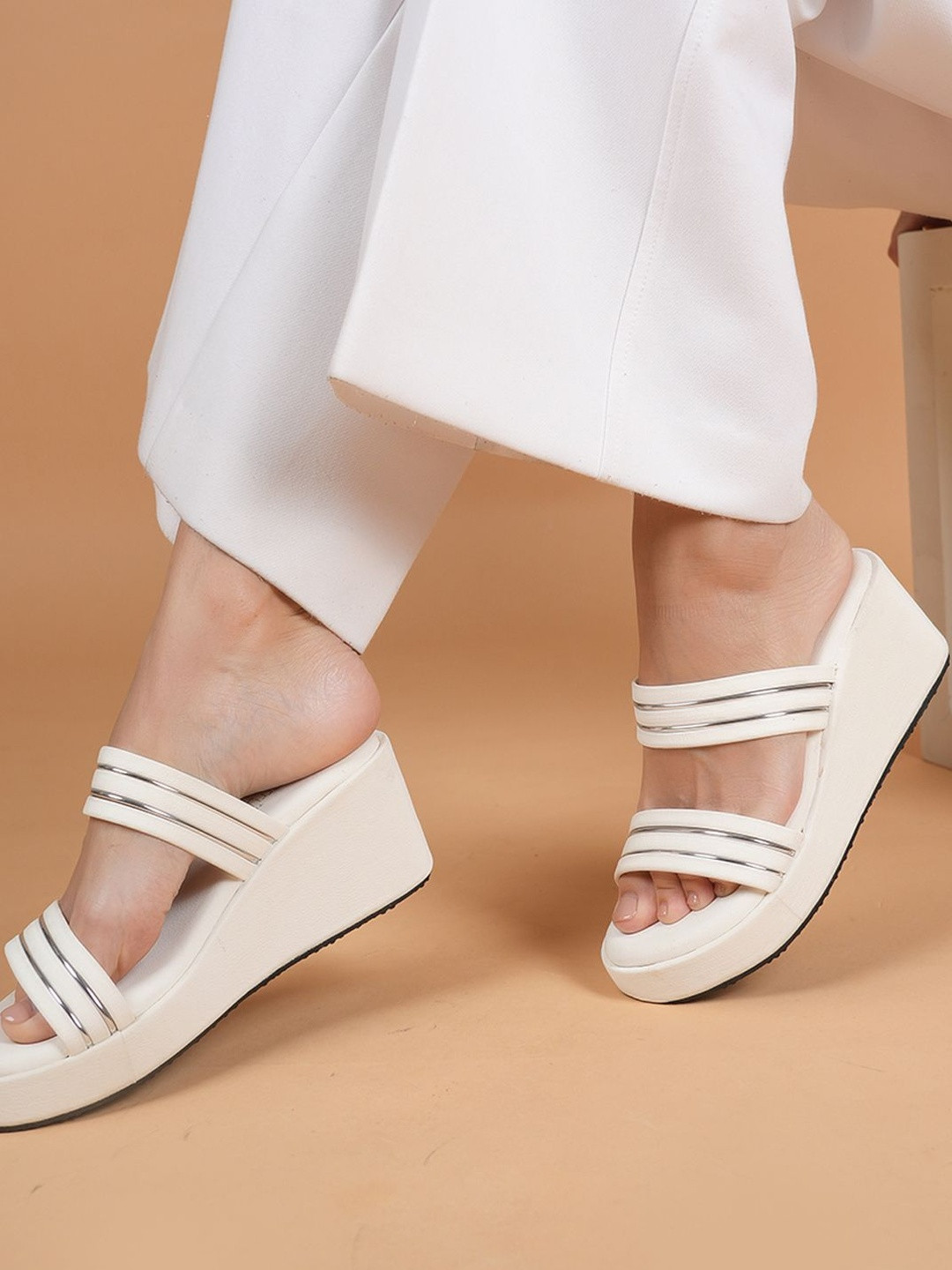 DressBerry Women White Embellished Platform Wedge Heels