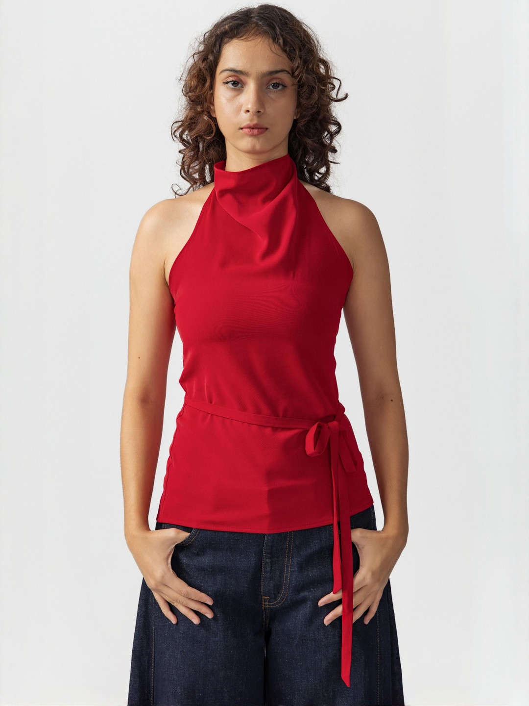 Past Modern Women Tie-Ups Halter Neck Sleeveless Cotton Top