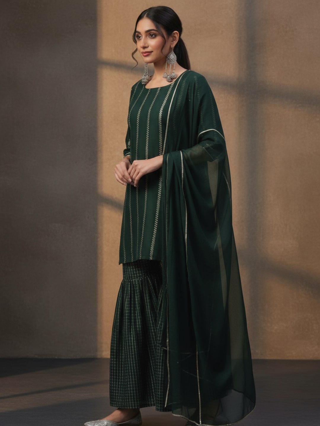 Libas Womens Green Striped Polyester Straight Kurta With Sharara & Dupatta