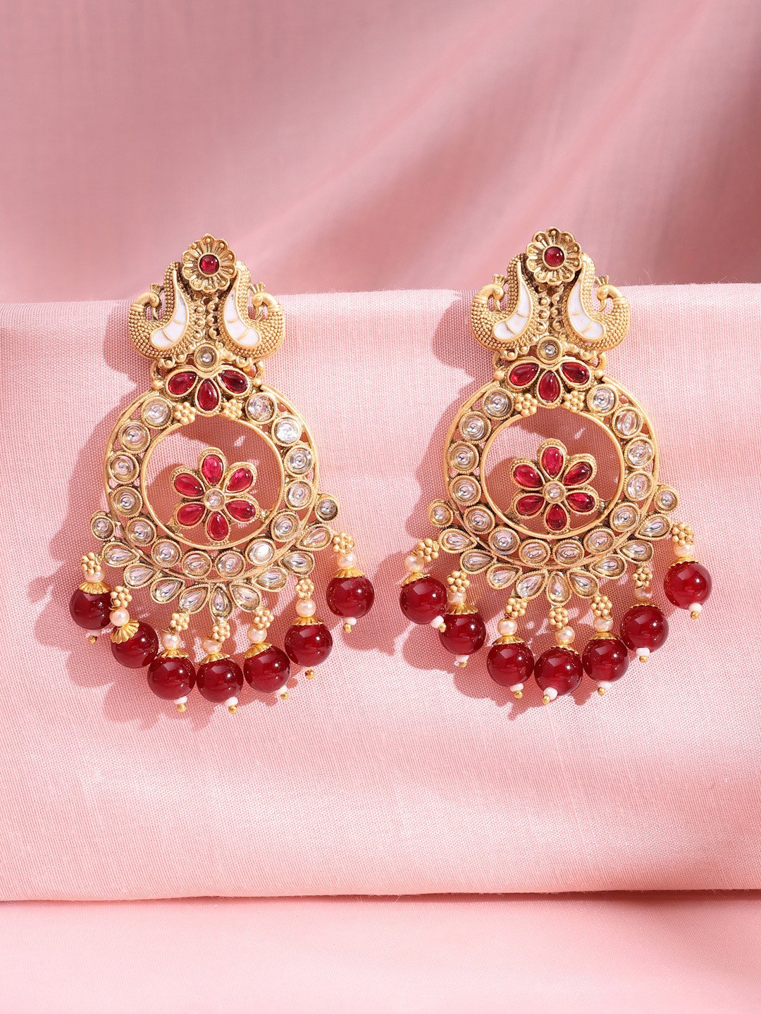ADIVA 22K Gold-Plated Kundan & Glossy Ruby Pearl & Stone Peacock Meenakari Chandbali Earrings