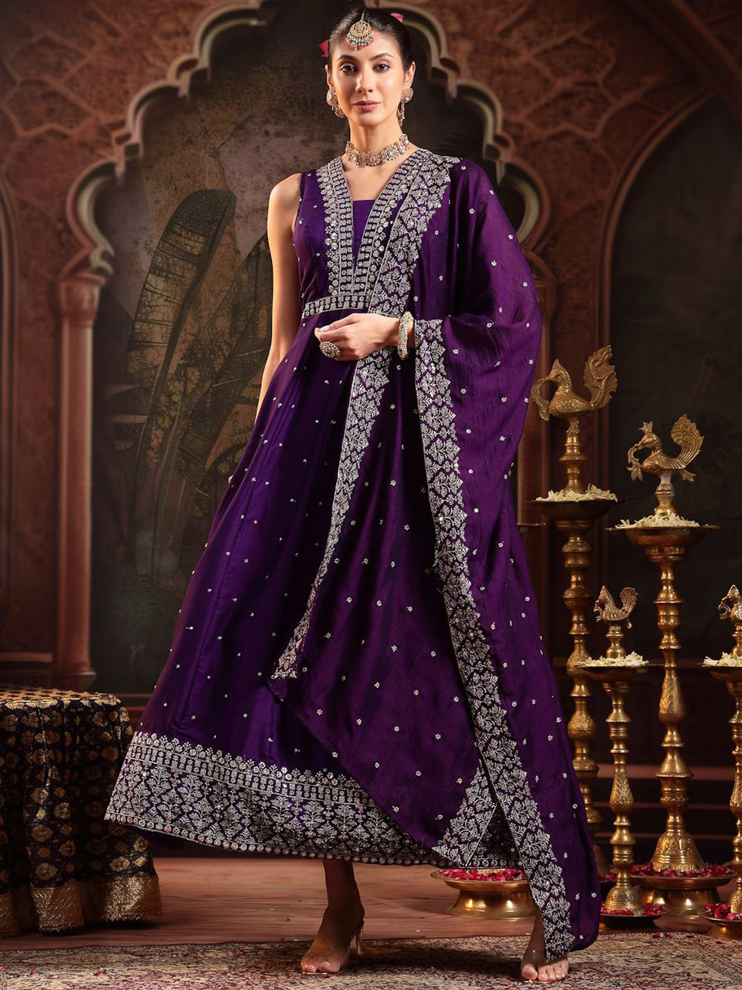 Stylum Women Embroidered V-Neck Gown Ethnic Dress With Dupatta