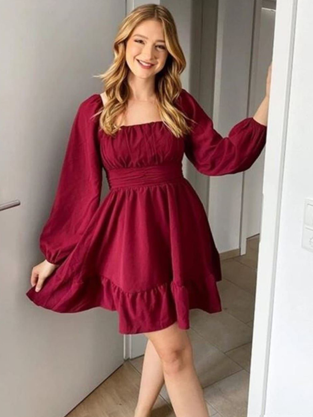 ZODGE Women Puff Sleeve Ruffled Crepe Fit & Flare Dress