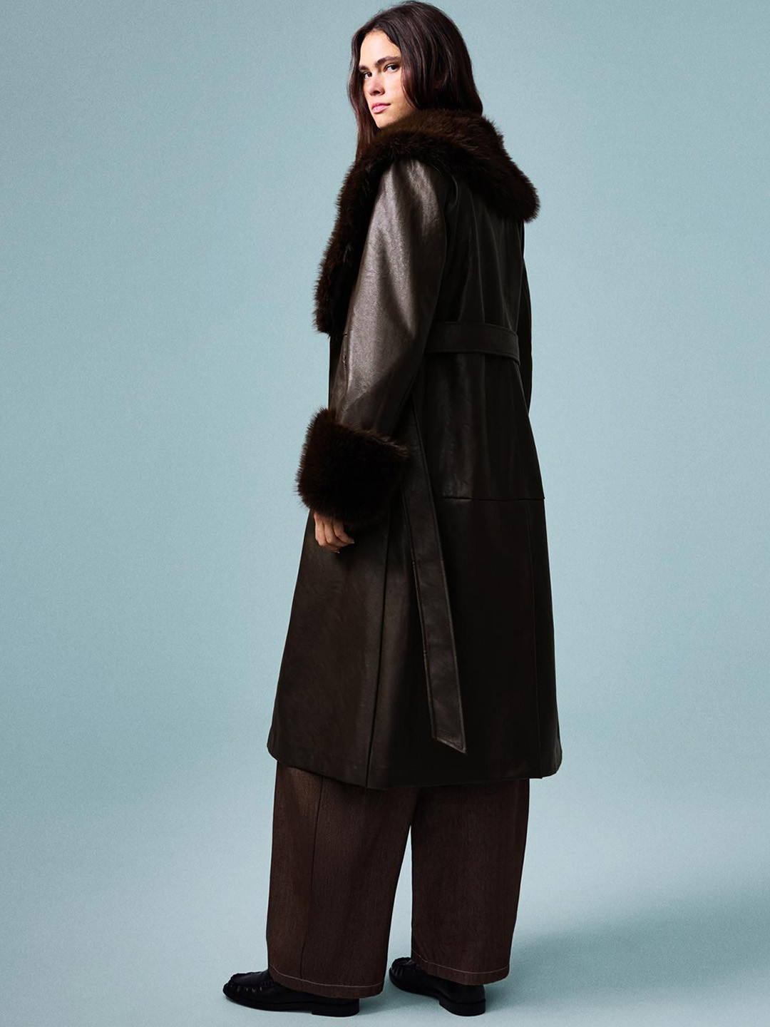 Bershka Notched Lapel Leather Effect Faux Fur Single-Breasted Coats