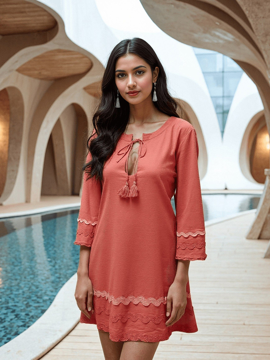 Naava Tie-Up Neck Ruffled Lace Shift Mini Dress