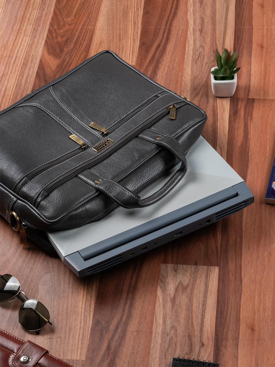 BRAND LEATHER Men Genuine Leather Laptop Bag with Two Handles