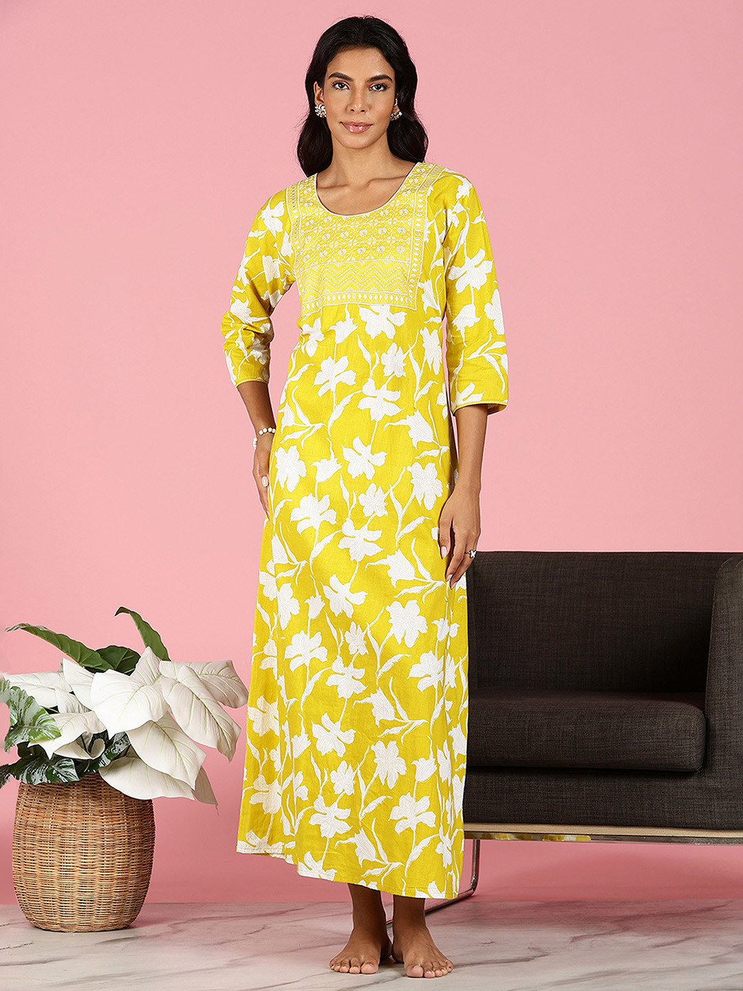 9shines Label Women Floral Printed Jaipuri Pure Cotton Nightdress