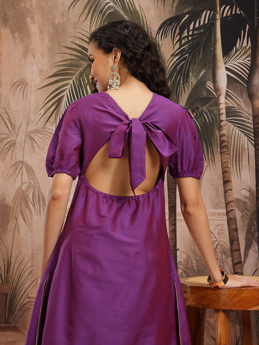 Sangria V-Neck Puffed Sleeves Festive Straight Kurta With Dhoti Pants