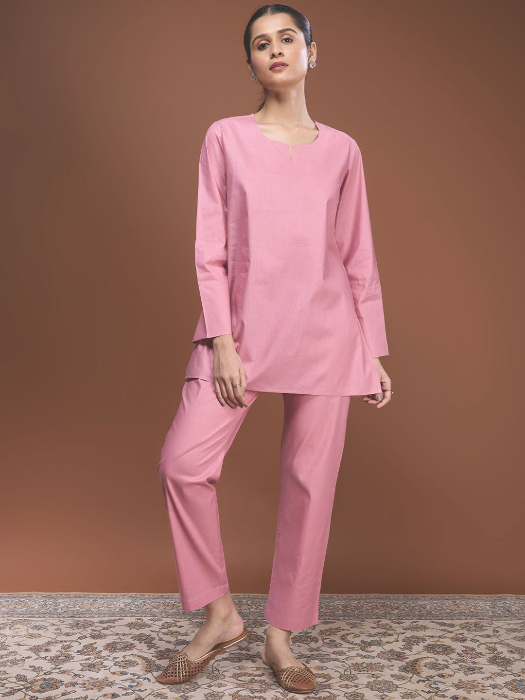 BYOGI Sandalwood Infused Notch Neck Pure Cotton Top And Trousers