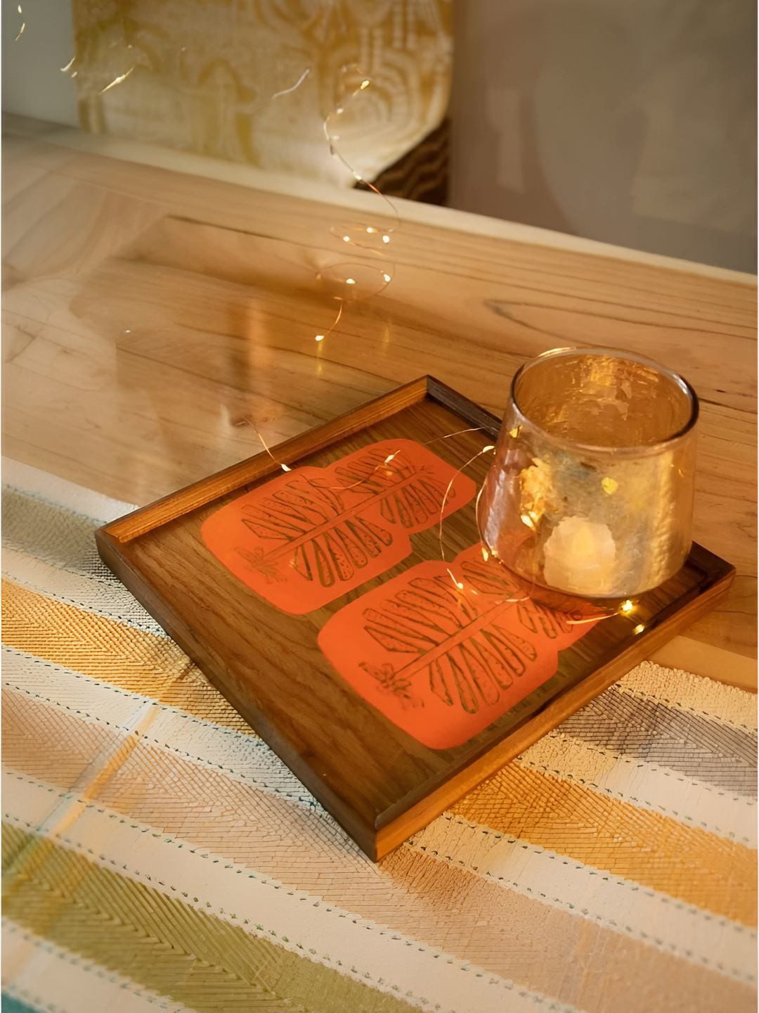 FREEDOM TREE Udanti Palm Screen Orange Colored Printed Wooden Easy to Clean Serving Tray