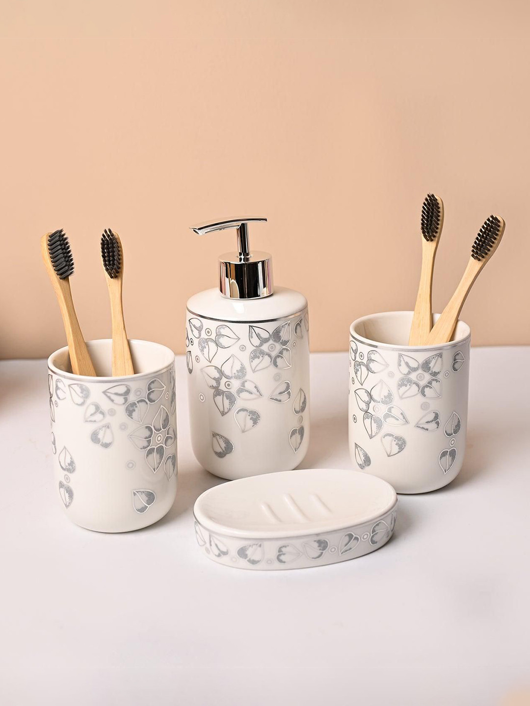 MARKET99 White & Grey 4 Pieces Leaf Design Ceramic Shower Holders