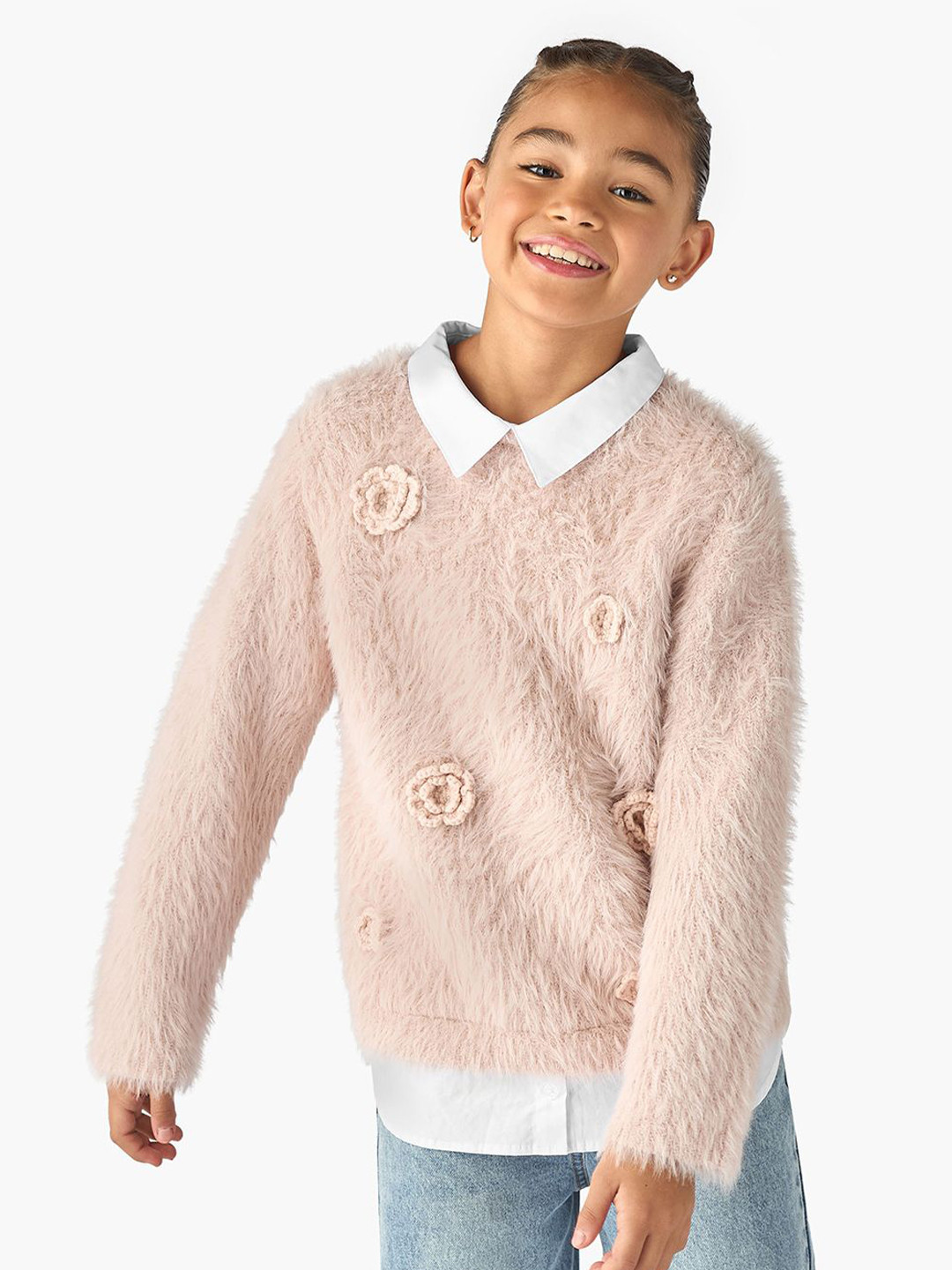 Juniors by Babyshop Girls Floral Applique Faux Fur Long Sleeves Pullover Sweaters