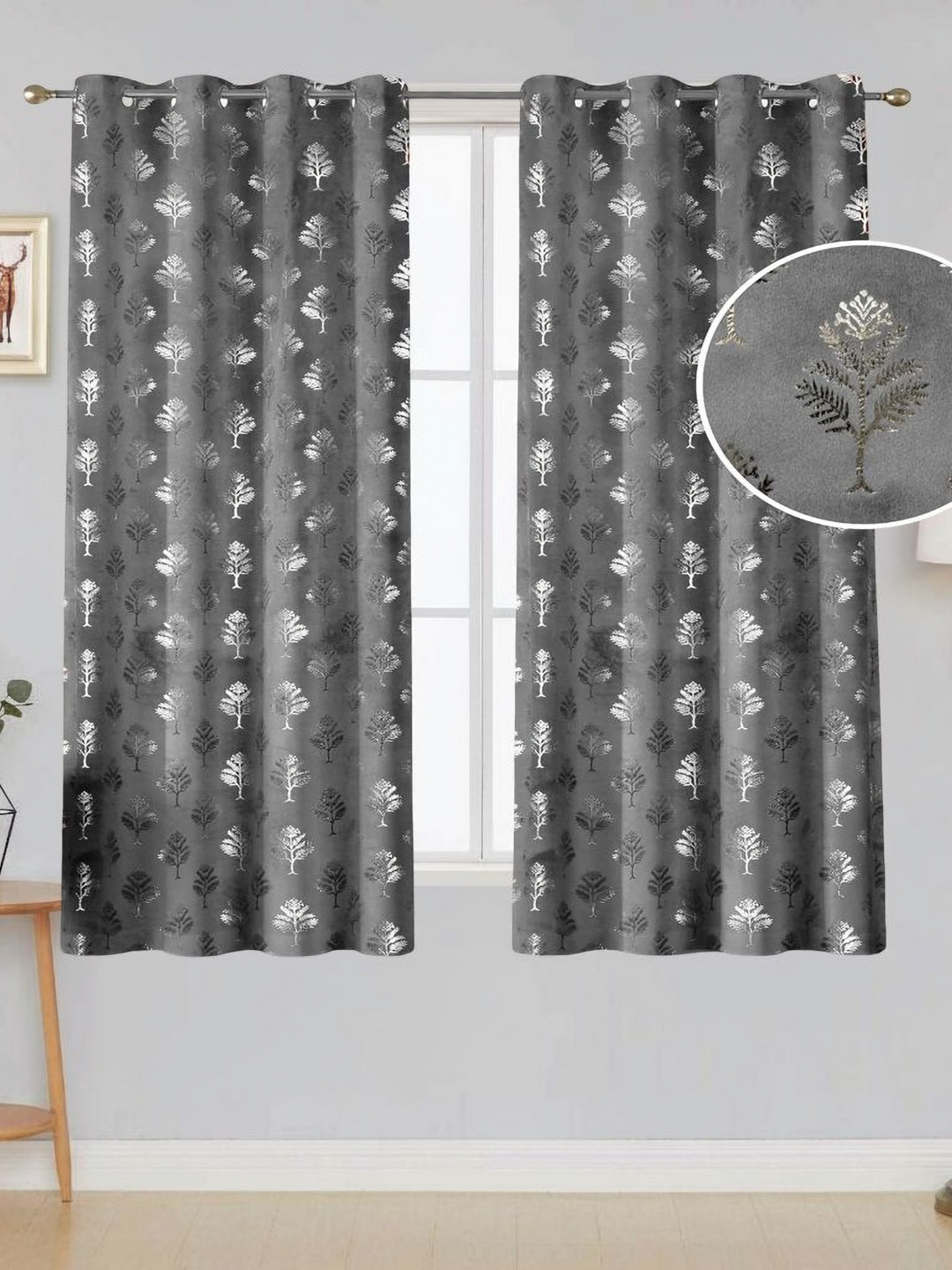 Aura Grey & Silver-Toned 2 Pcs Floral Printed Room Darkening Velvet Window Curtains