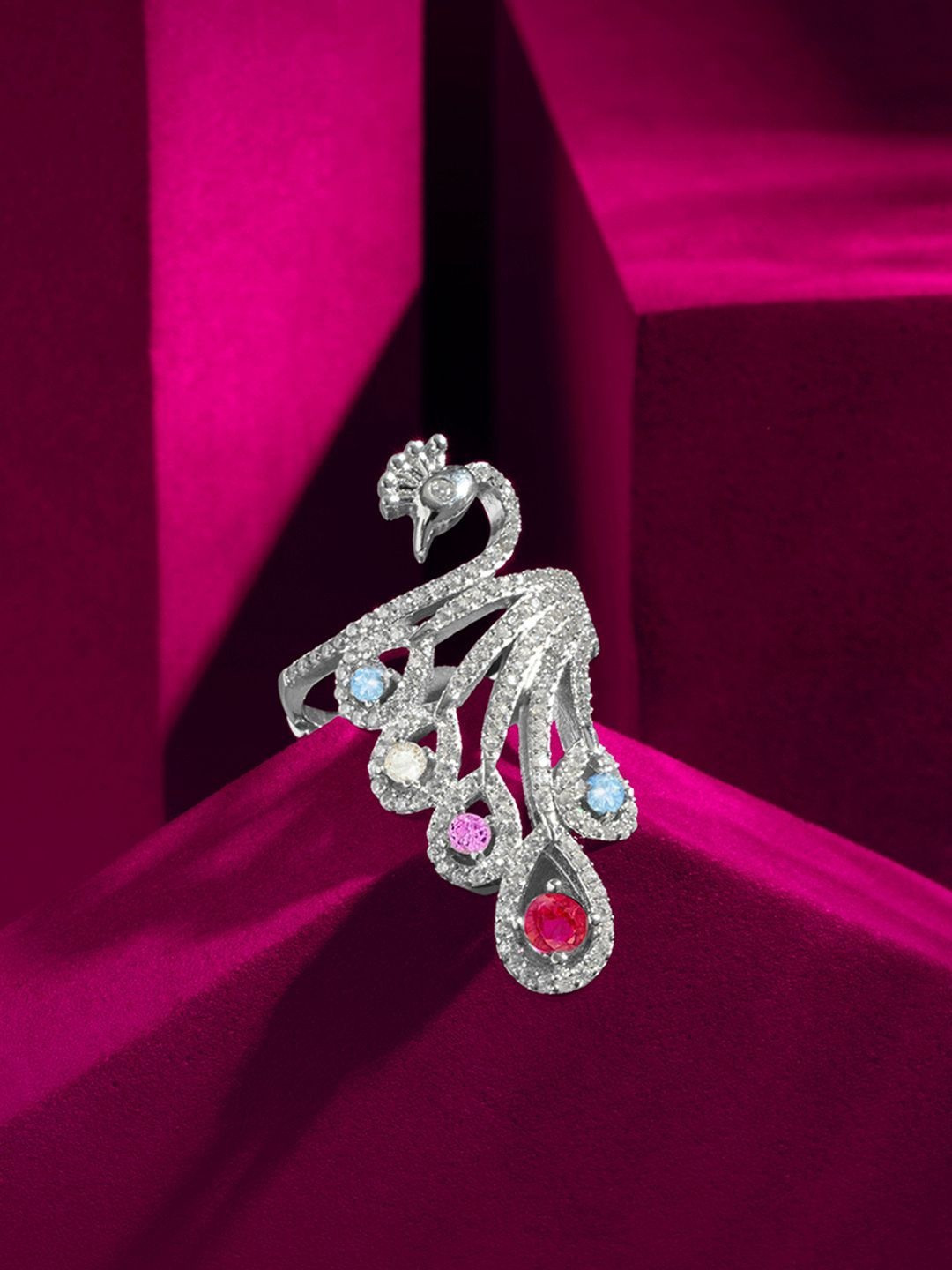 Zavya 925 Sterling Silver Rhodium-Plated CZ-Studded Peacock Wing Of Wonder Finger Ring