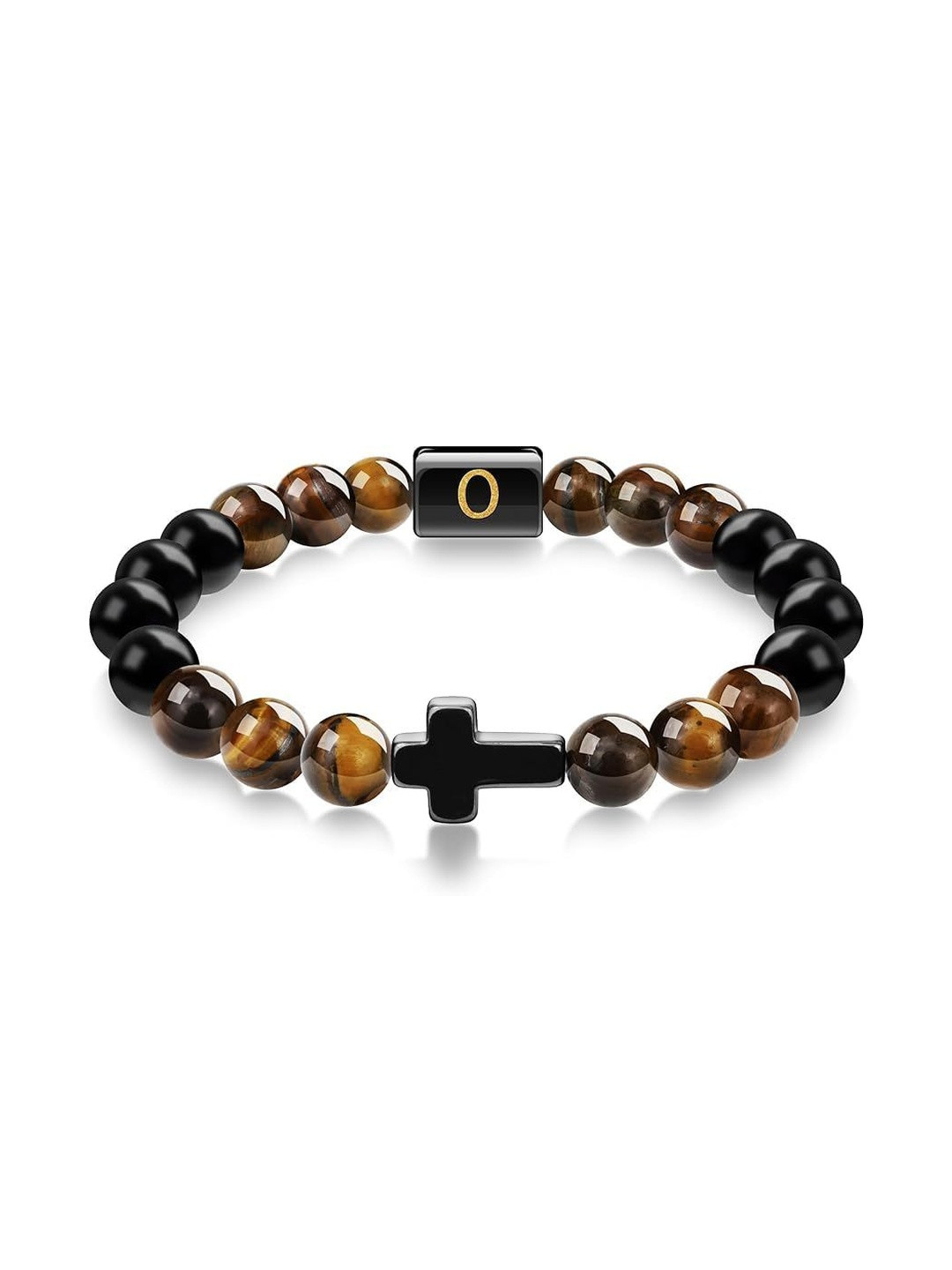 EDMIRIA Men Tigers Eye Cross Personalized Initial Beaded Bracelet with Alphabet Letter