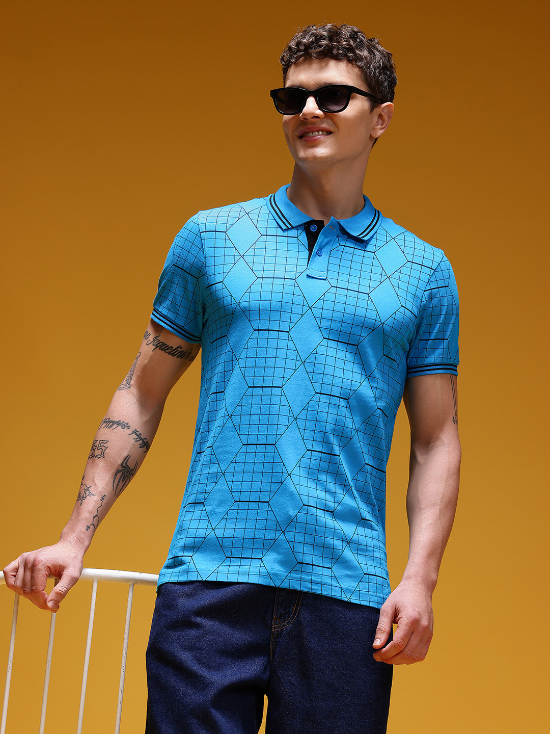 HERENOW Geometric Printed  Cotton Polo T-shirt