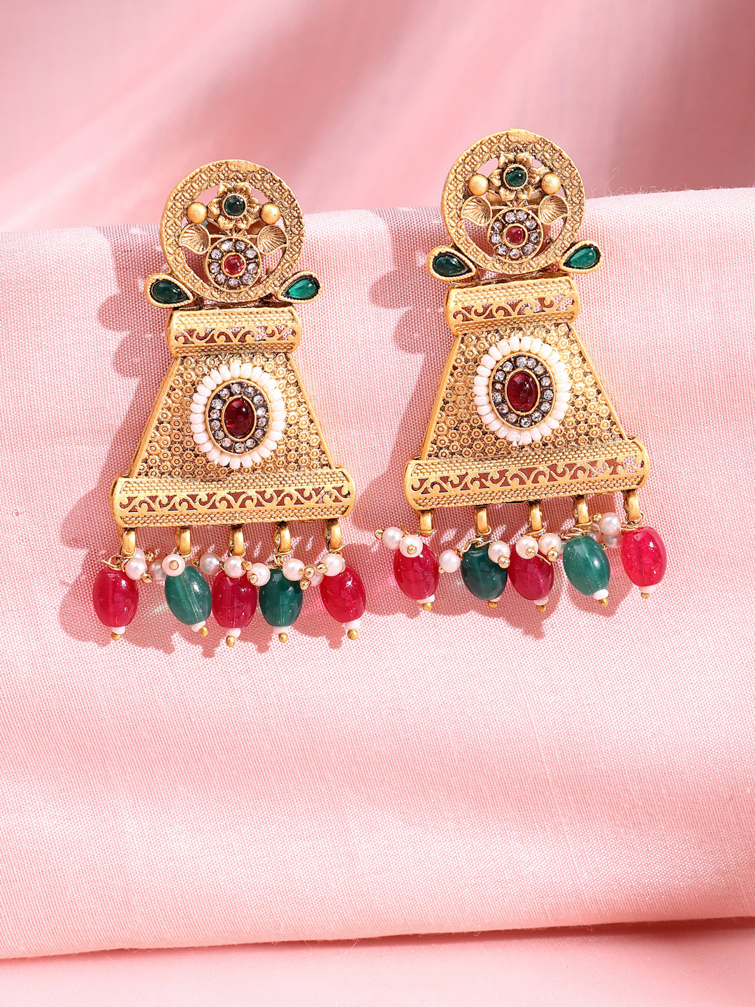 ADIVA 22K Gold-Plated Glossy Multi-coloured Pearls & Kundan Stone Beads Designer Drop Earrings
