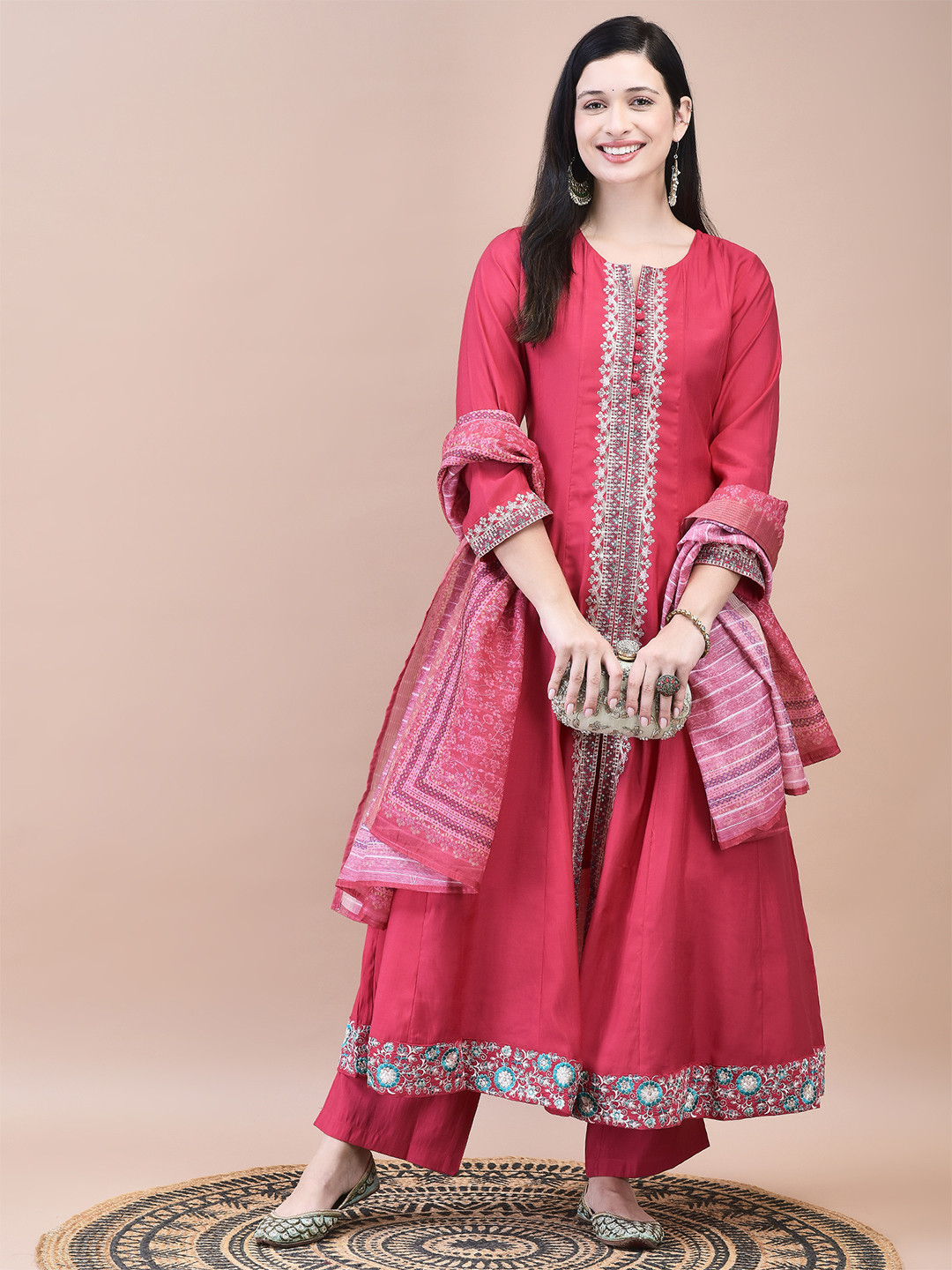 Shree Alina Cut Floral Embroidered Straight Kurta with Trousers & Dupatta