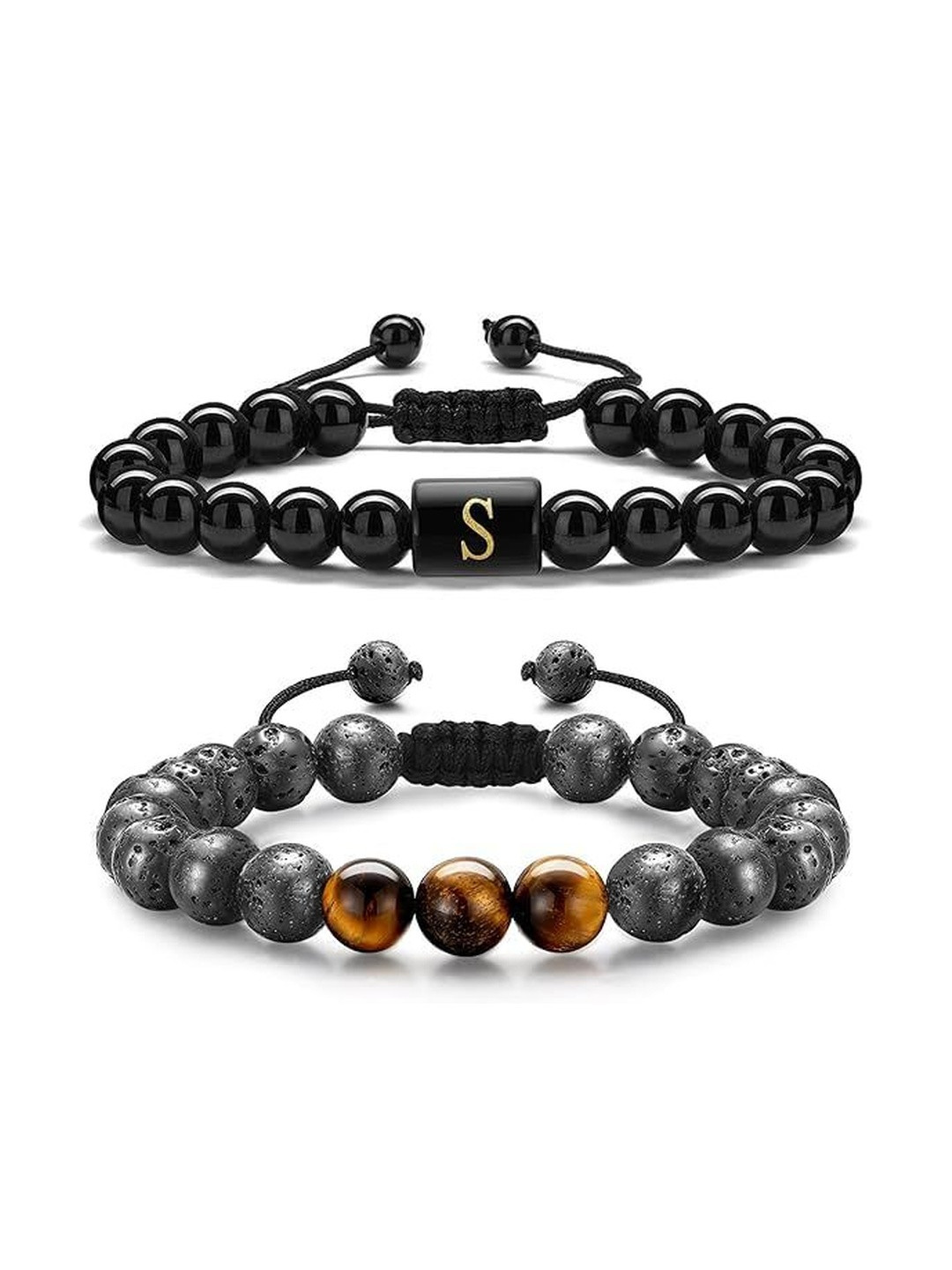 EDMIRIA Set Of 2 Lava Rock & Tiger EyeStone Beads with Initial Letter Personalize Bracelet