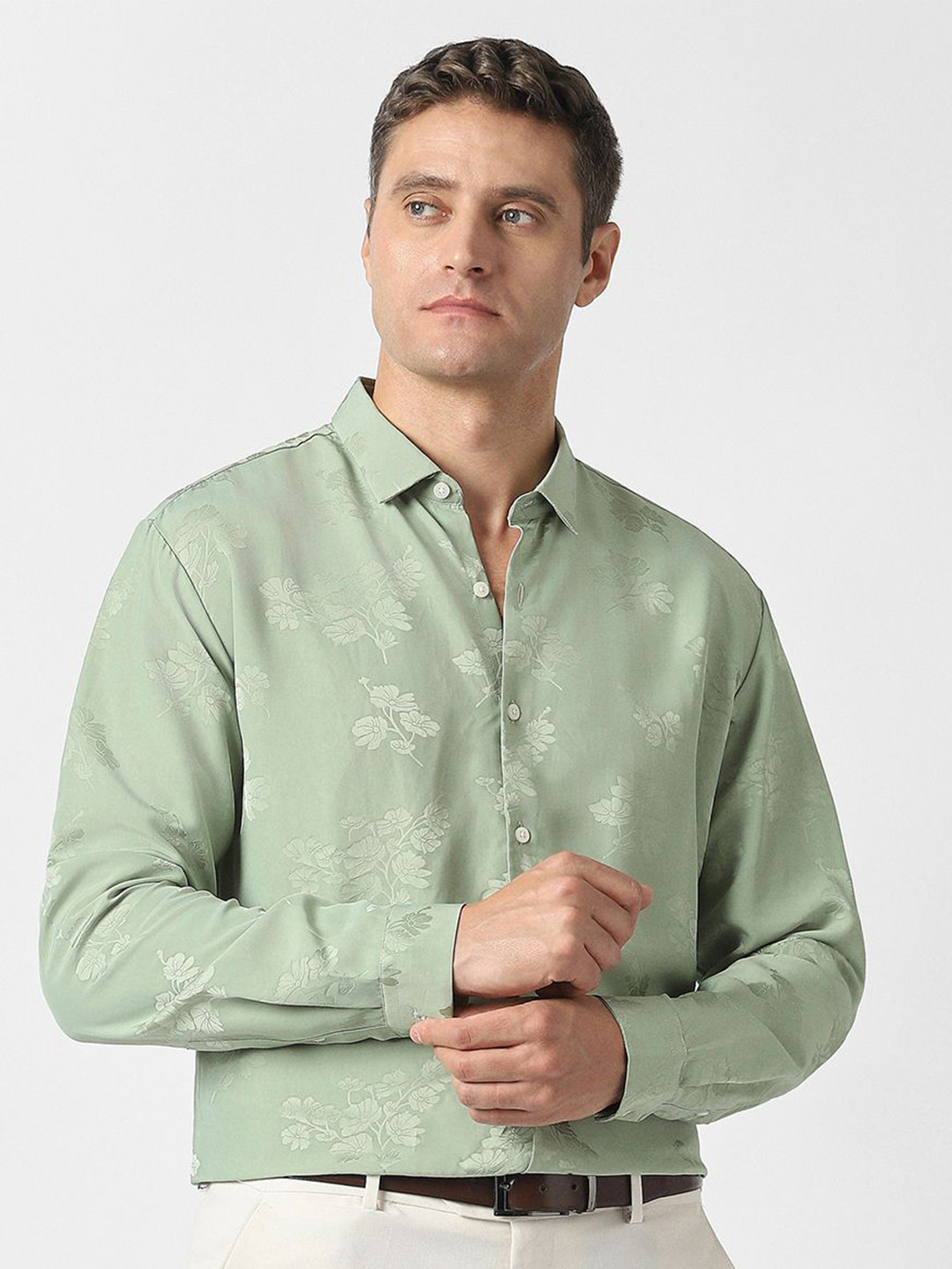 V Dot Floral Printed Spread Collar Long Sleeves Slim Fit Shirt
