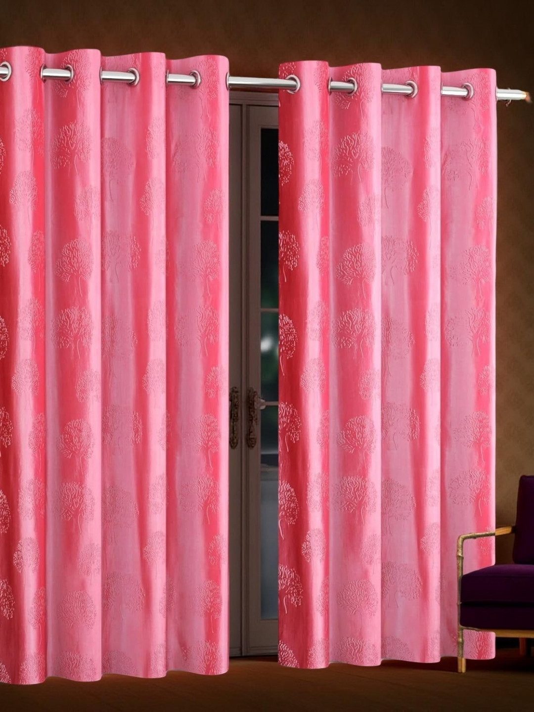 Aura Pink 2 Pieces Floral Embroidered Room Darkening Long Door Curtains