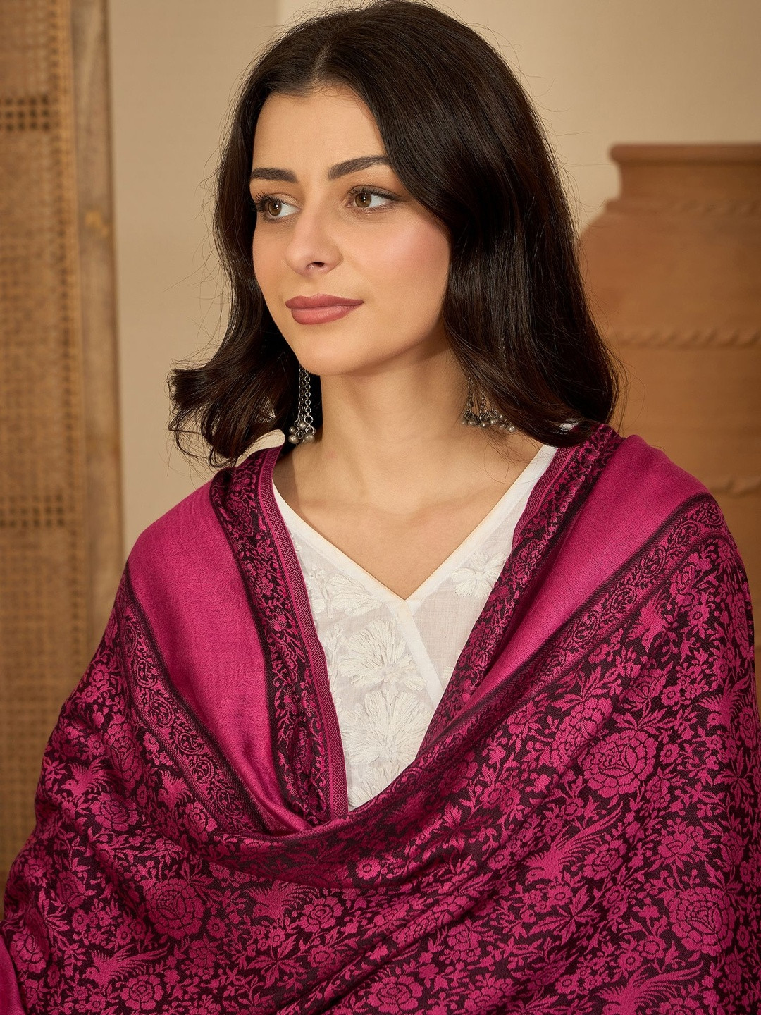 Sangria Wool Faux Pashmina Embroidery Shawl