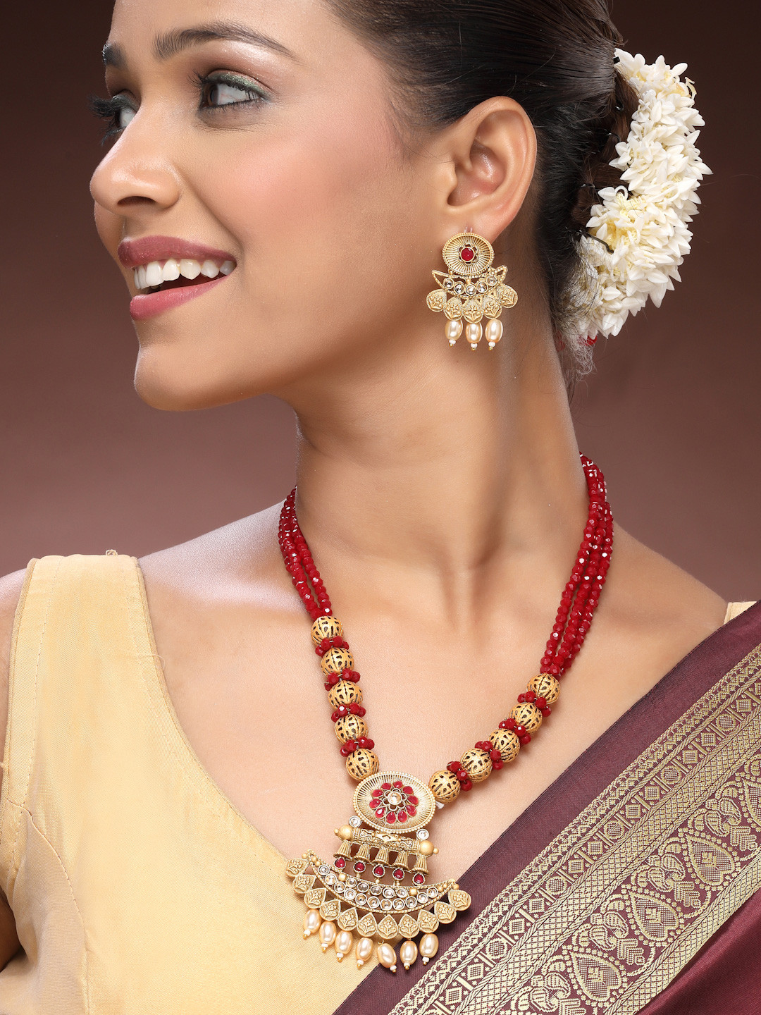 ADIVA 22K Gold Plated Kundan & Ruby Stone Studded & Beaded Jewellery Set