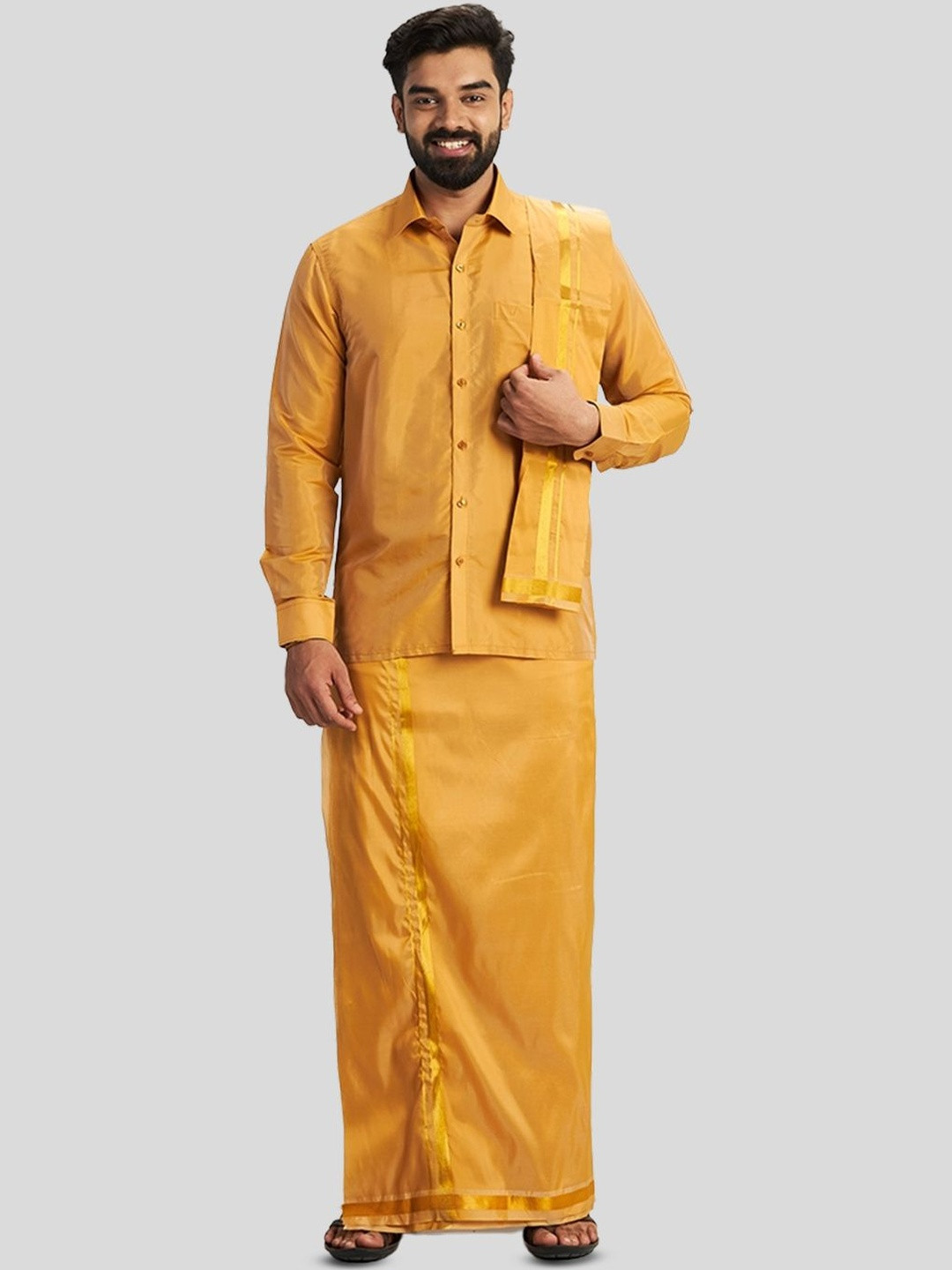 UATHAYAM Men Shirt and Double Layered Dhoti Clothing Set with Towel