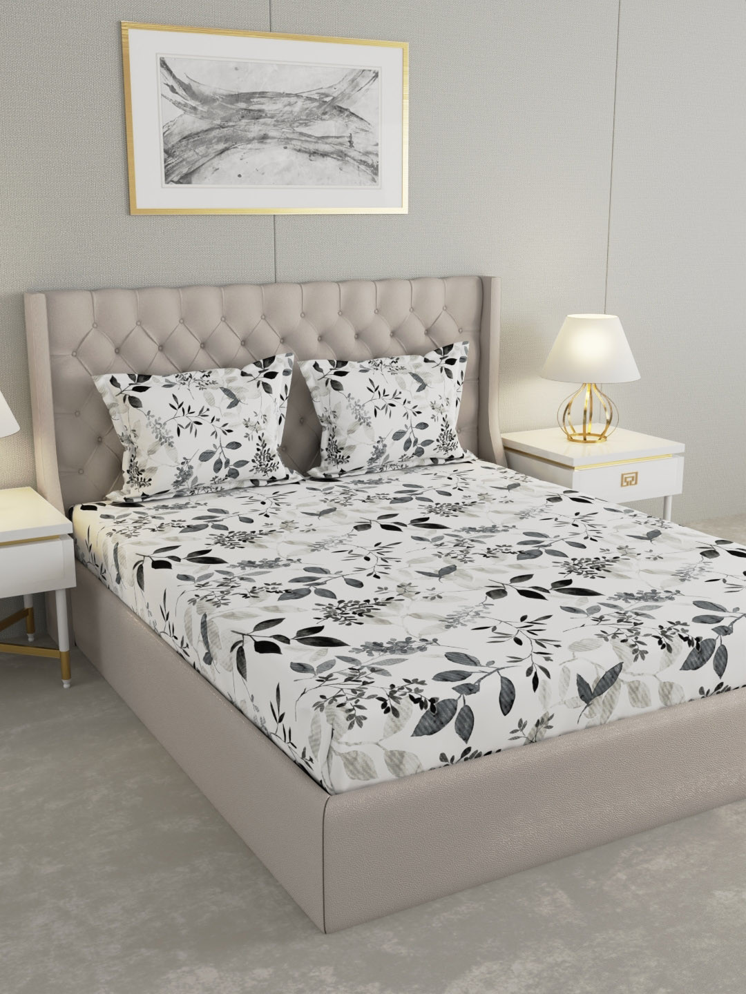 Raymond Home Memories White & Grey Printed 100 TC Queen Bedsheet Set 2.25 m x 2.2 m