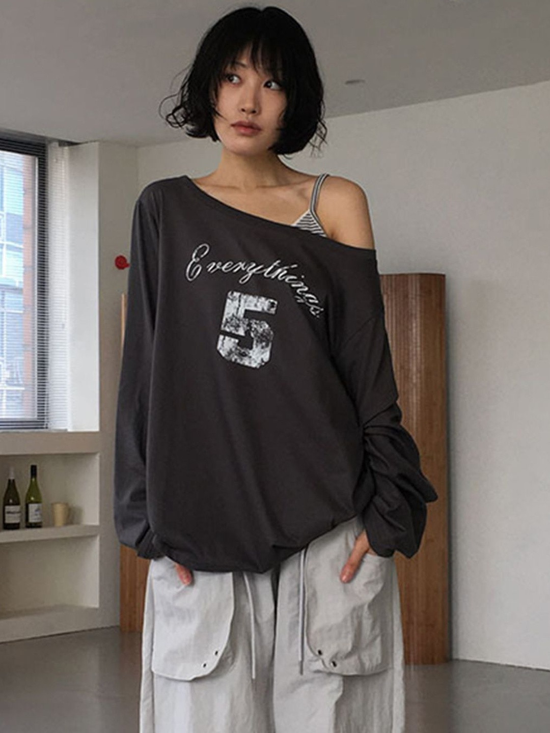StyleCast x Revolte Women Typography One Shoulder Longline Top