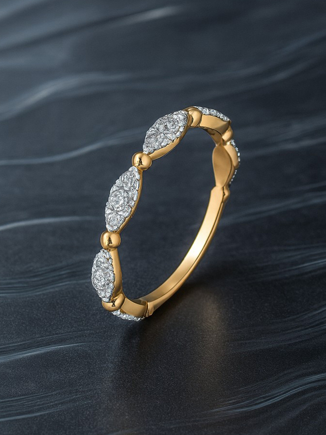 Nipura 925 Sterling Silver Gold-Plated CZ Studded Wave Stackable Finger Ring