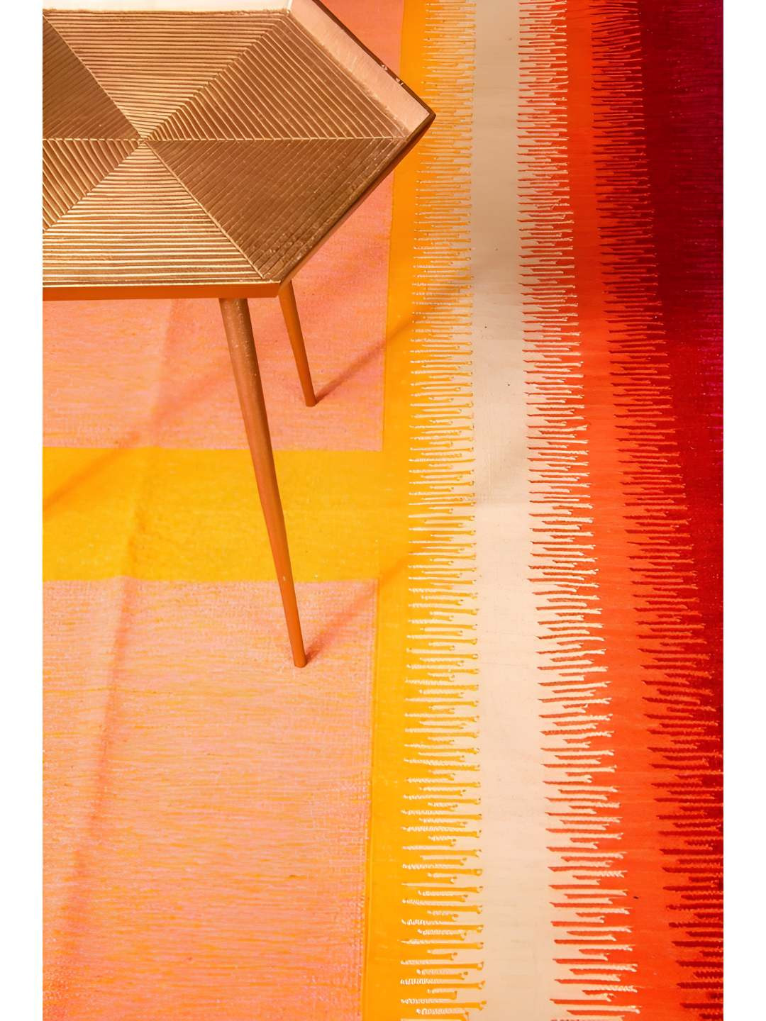 FREEDOM TREE Red & Yellow Ombre Ikkat Stripe-Patterned Pure Cotton Rectangular Rug Dhurrie