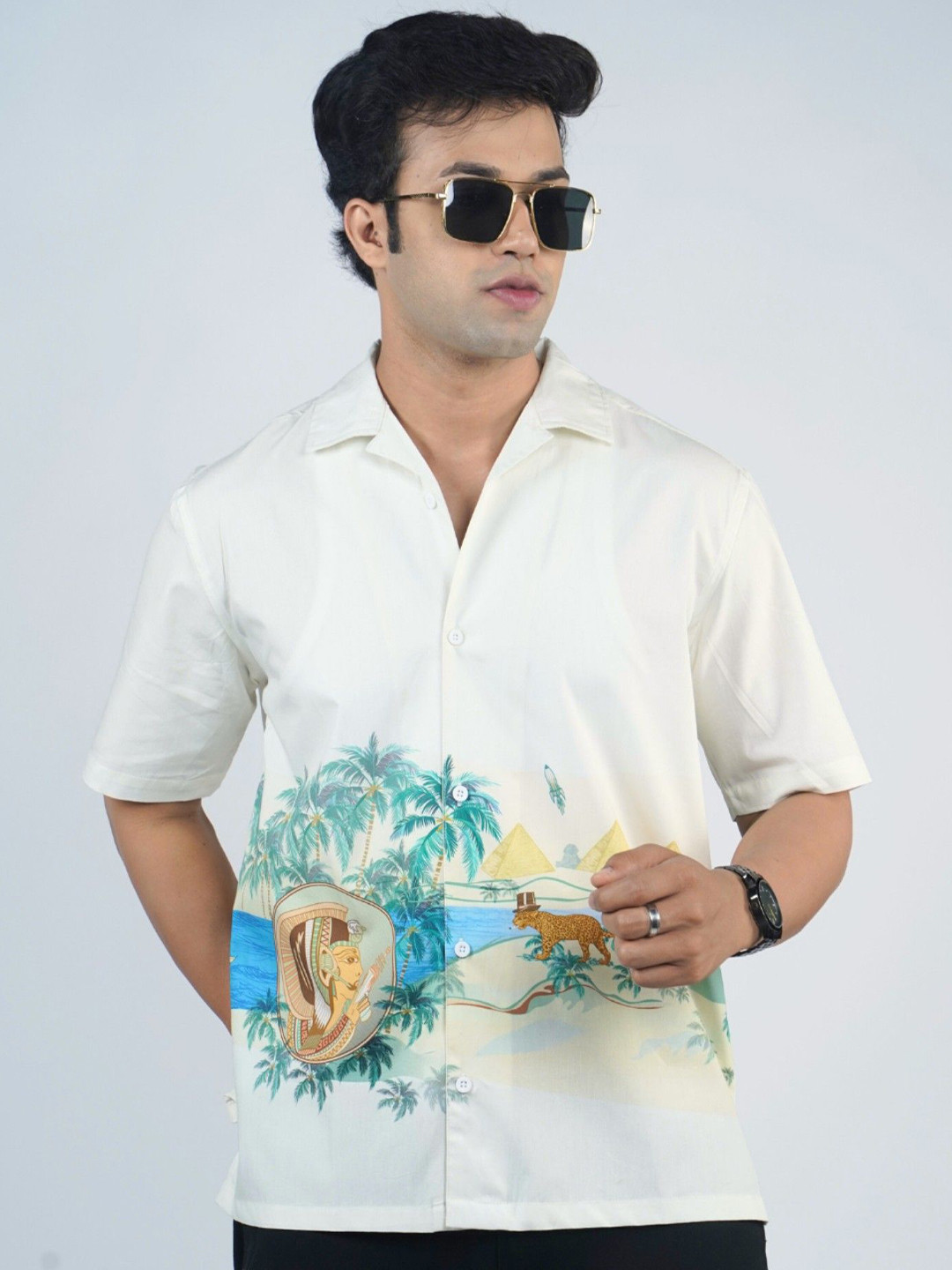 Eszett Nile Vally Graphic Printed Cuban Collar Pure Cotton Shirt