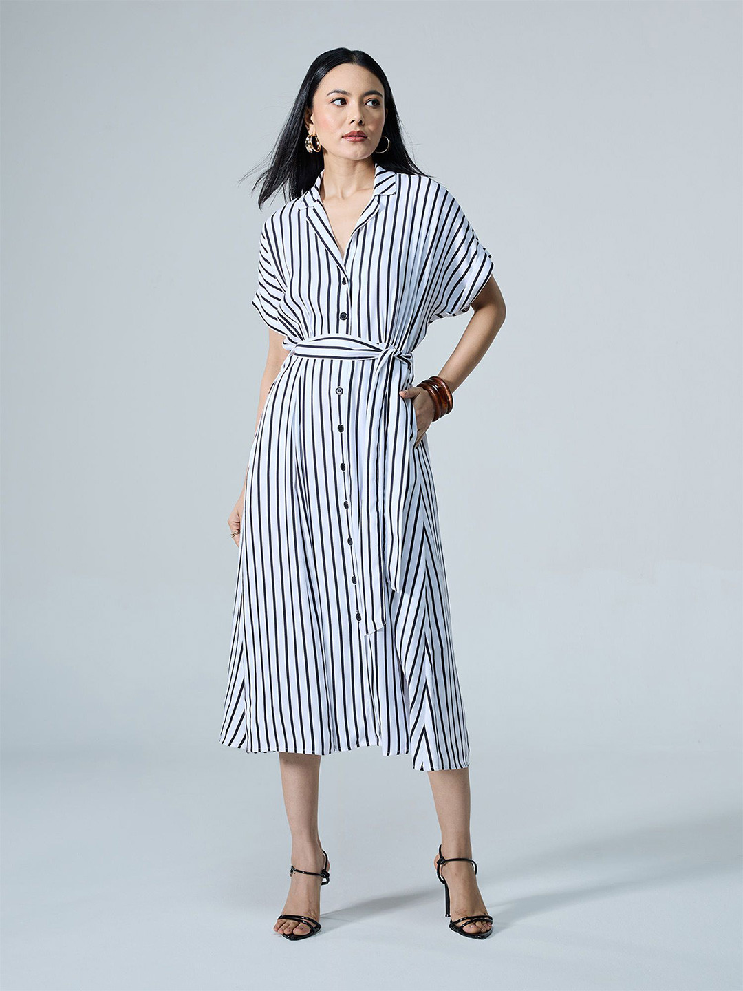20Dresses Women Boardroom Chic Striped Belted Shirt Midi Dress