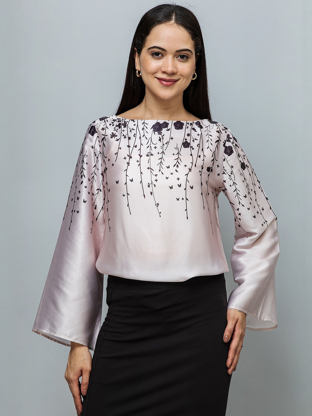 PURYS Women Boat Neck Bell Sleeves Satin Top