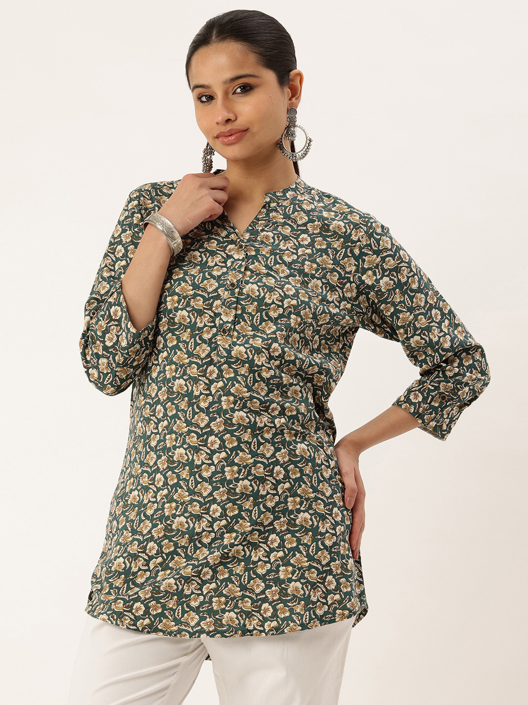 AMUKTI Floral Printed Mandarin Collar Tunic