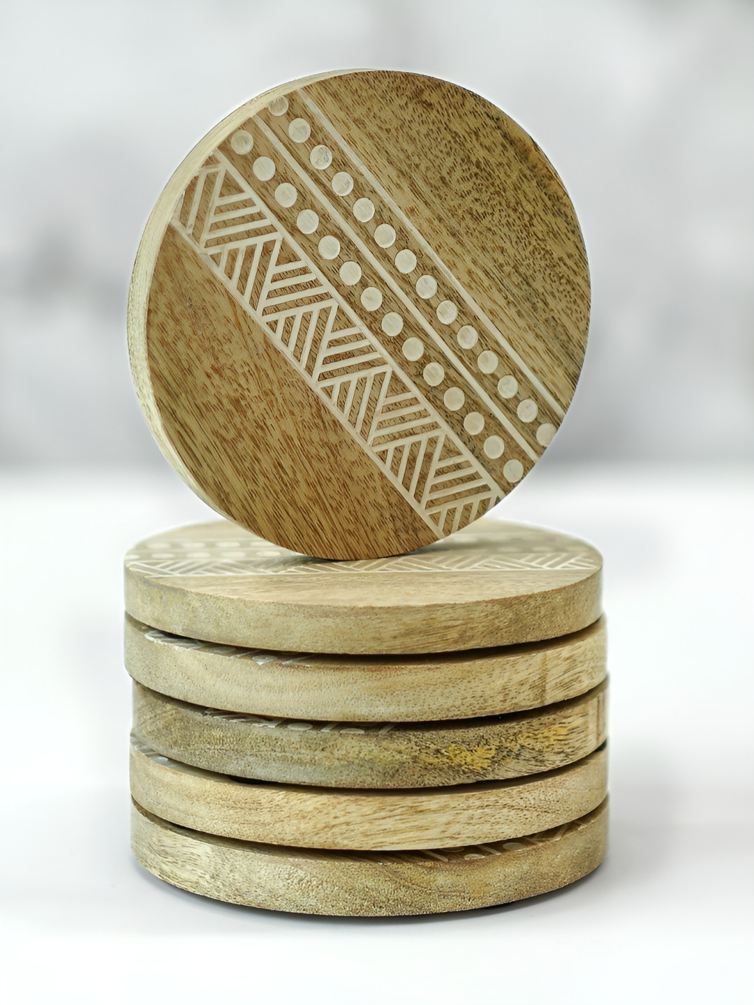 BEHOMA Brown & White 6 Pieces Patterned Wooden Artwork Round Non-Slip Durable Coaster