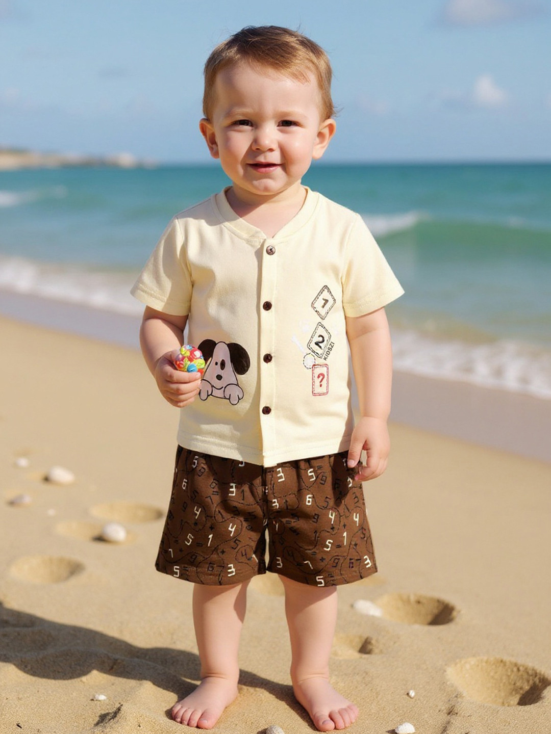 Kidszi Infants Boys Printed Pure Cotton Shirt with Shorts
