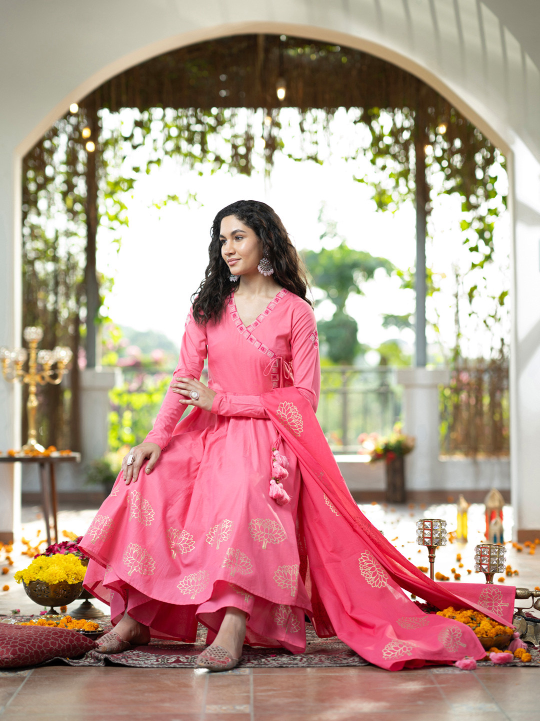 Saanjh Women Floral Embroidered Regular A-LinePure Cotton Kurta with Sharara & Dupatta