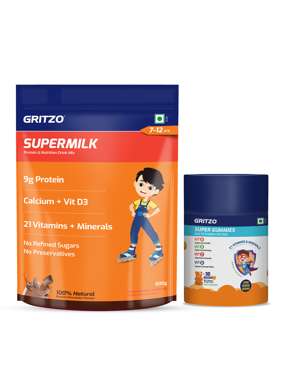 Gritzo Set Of 2 Supermilk Daily Nutrition - 1 Kg - Chocolate & Gummies - 30 Nos - Orange