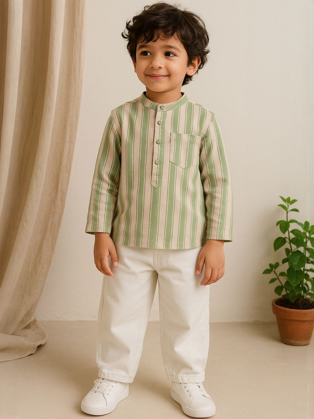 TALES & STORIES Boys Olive Cotton Striped Band Collar Casual Shirts