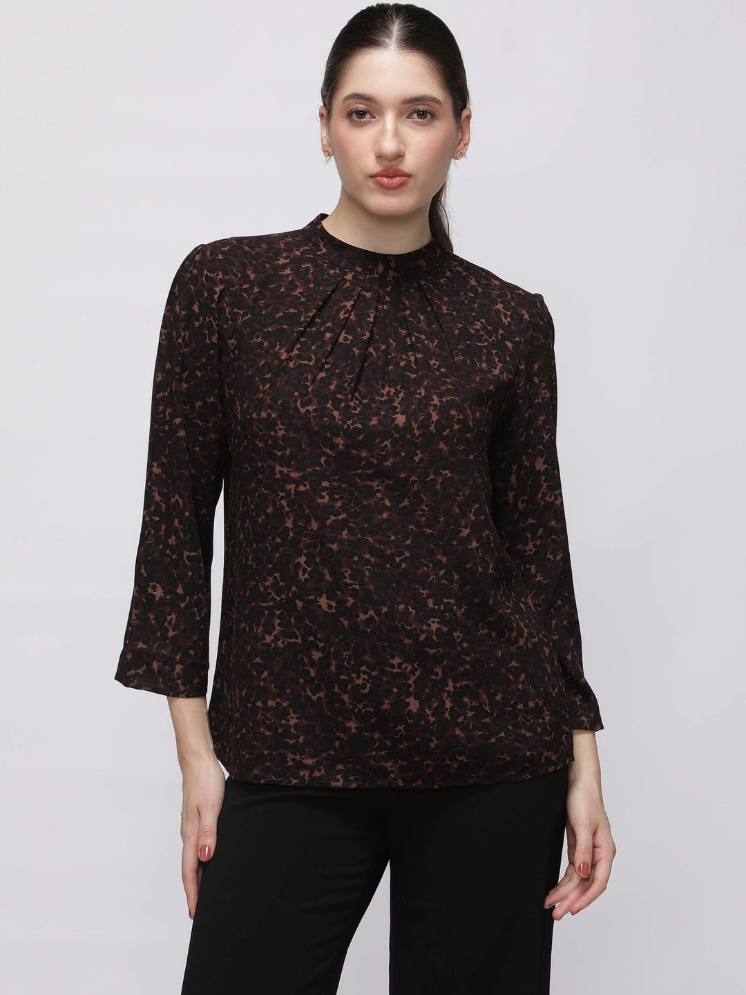 IDK Animal Print High Neck Gathered or Pleated Top