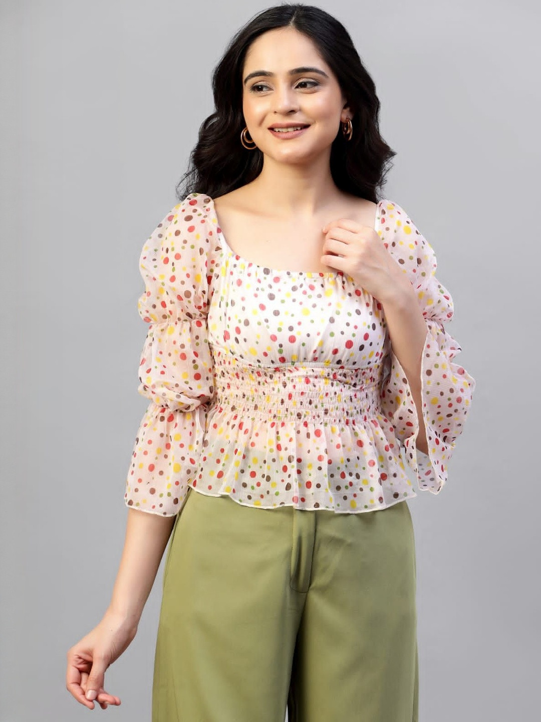 famiss fashion Polka Dot Printed Smocking Puff Sleeve Peplum Top