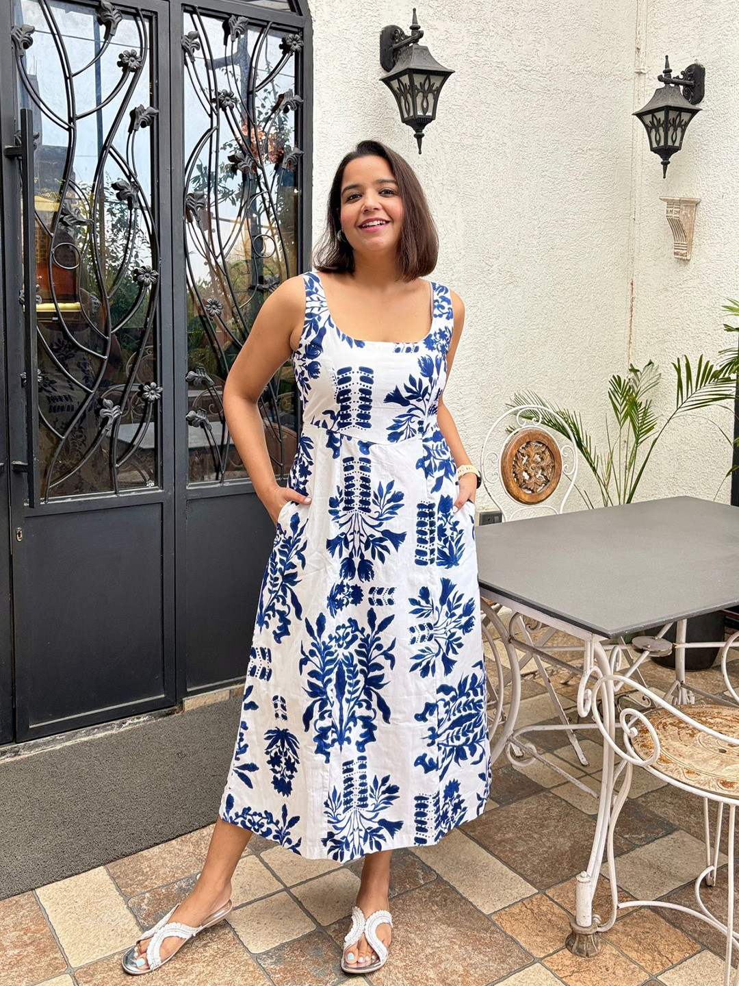 Label Tanvee Women Floral Printed Gathered or Pleated Cotton A-Line Midi Dress
