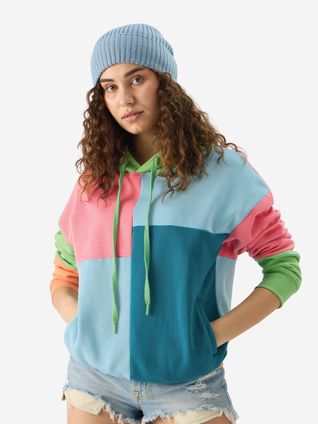 The Souled Store Women Mix and Match Colourblocked Oversized Hooded Sweatshirt