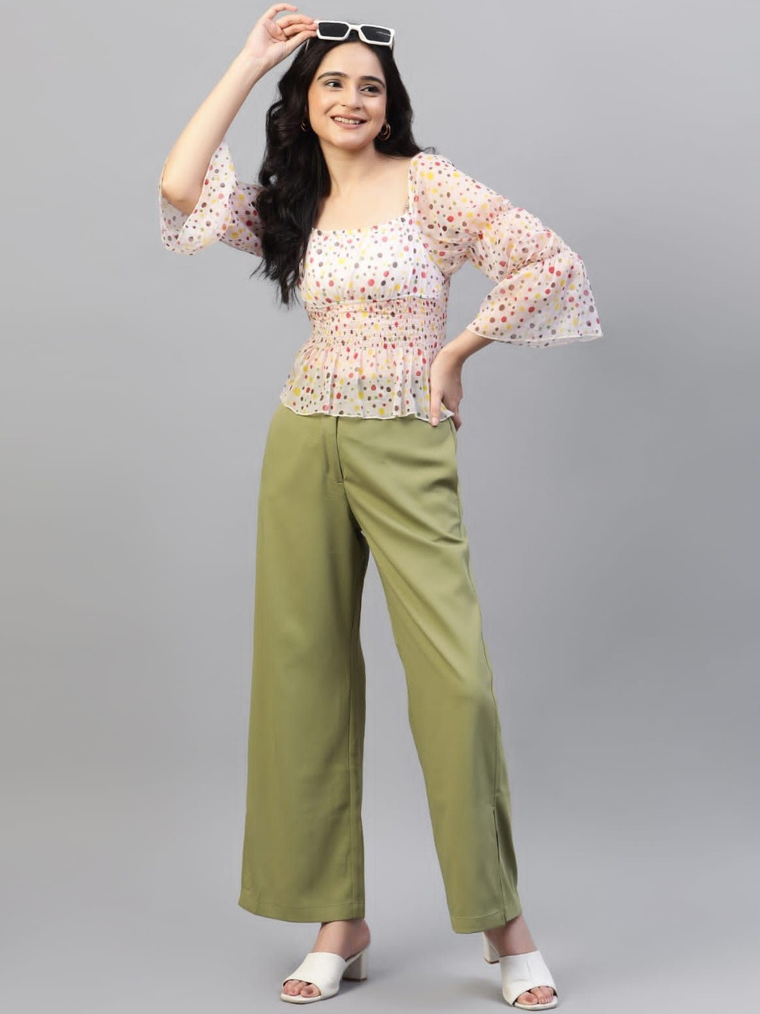 Dexus Women Polka Dot Printed Bell Sleeve Crop Peplum Top