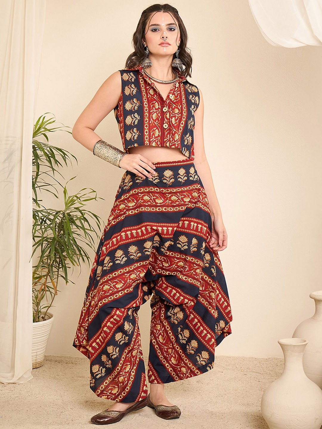 WineRed Printed Sleeveless Shirt Collar Pure Cotton Crop Shirt With Harem Pant