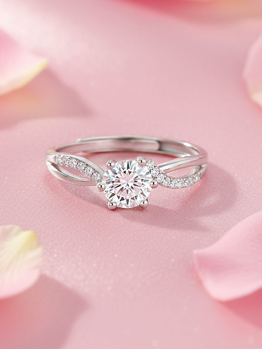 Zavya 925 Sterling Silver Rhodium-Plated CZ-Studded Crowned In Love Adjustable Finger Ring